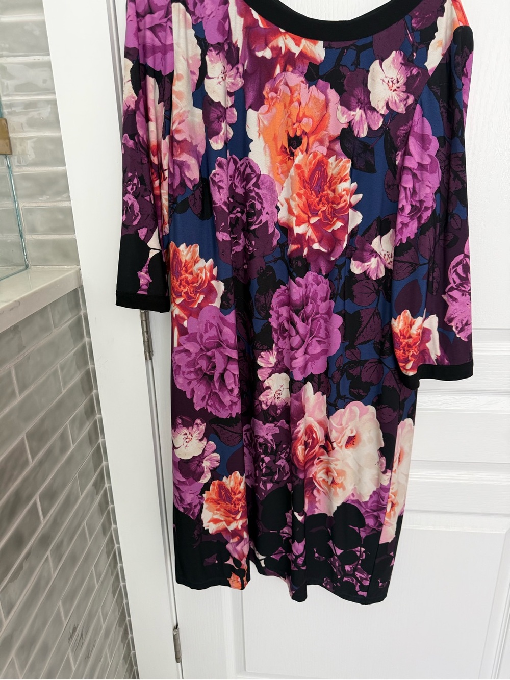 Eliza J Purple Floral Midi / Shift Dress with Black Trim